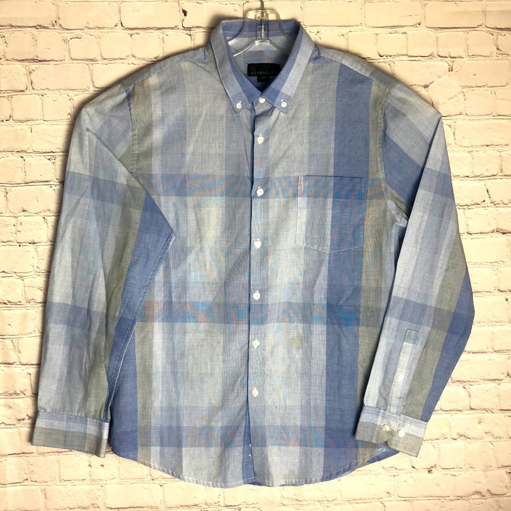 Attention Men's Plaid Blue Dress Shirt. Size XL.